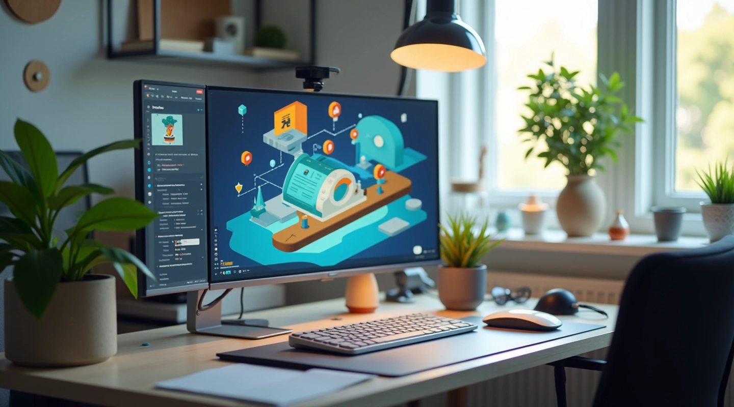 Studio di animazione con tavoli di lavoro e schermi di design