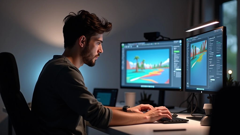Schermo di computer che mostra software di animazione con timeline e curve di easing, studio luminoso