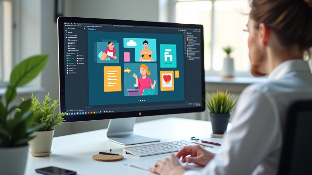 Schermo del computer che mostra software di animazione con elementi flat design colorati in movimento