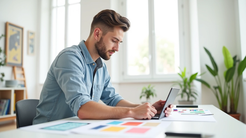 Designer che lavora su elementi flat design colorati su tavoletta grafica in uno studio luminoso
