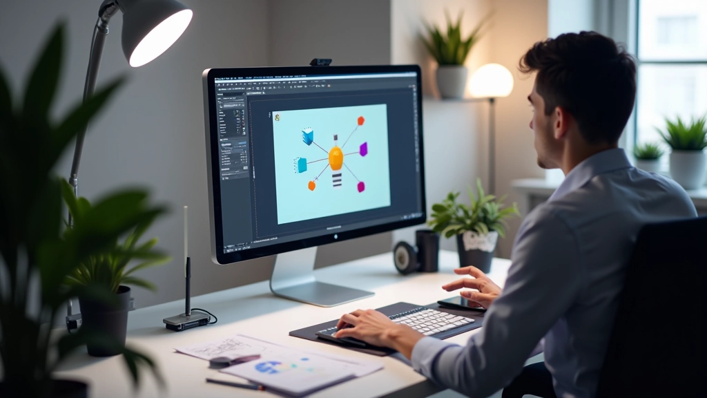 Schermo del computer che mostra interfaccia di software di design con strumenti isometrici visibili, scrivania pulita con tavoletta grafica