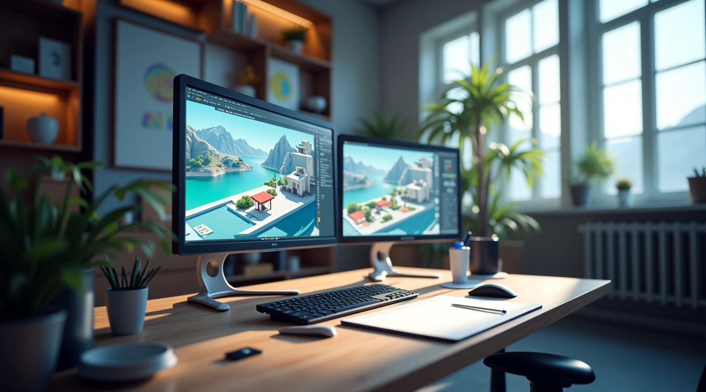 Studio di animazione con monitor e strumenti di design isometrico