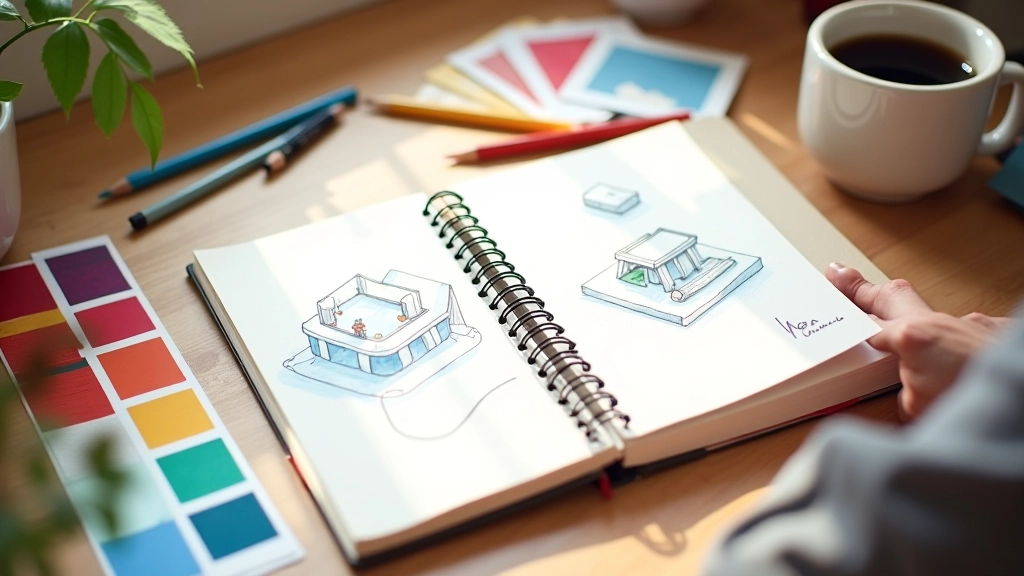 Notebook con schizzi di prospettiva isometrica accanto a matite colorate e palette di design