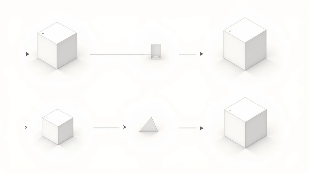 Illustrazione step-by-step mostra come costruire un cubo isometrico partendo dagli assi base fino all'oggetto tridimensionale completo